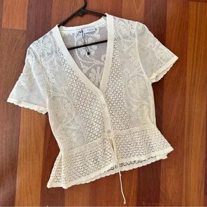 Zara Cream Lace Knit Cardigan Peplum Tie Front Coquette Balletcore Top S Summer